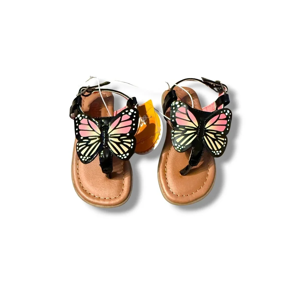 Gymboree Butterfly Sandals Toddler 5‎ Black Pink Orange Patent T-Strap NWT